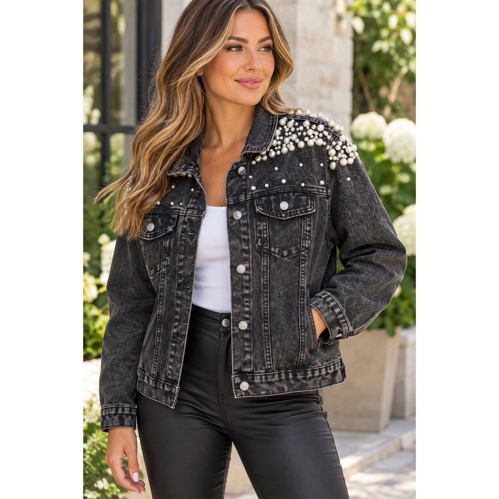 Pearl Embellished Black Denim Jacket Rhinestone Acid Wash Y2K Glam M/L
